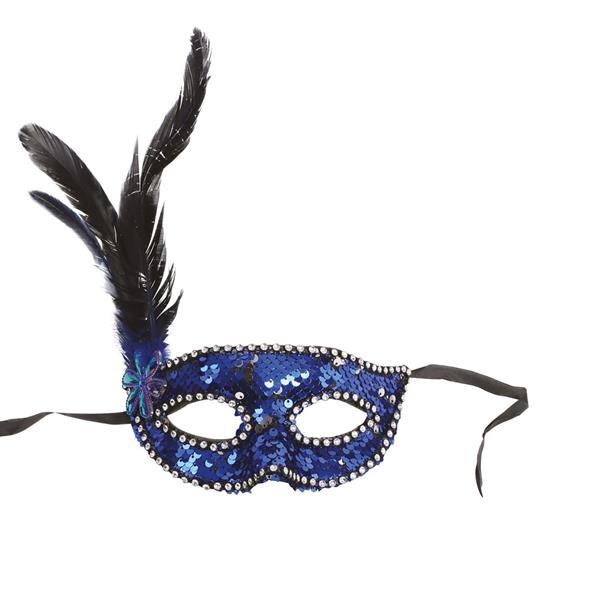 Mascarilha Azul com Lantejoulas e Penas