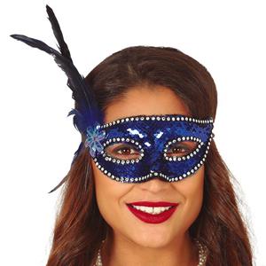 Mascarilha Azul com Lantejoulas e Penas Mascarilha Azul com Lantejoulas e Penas