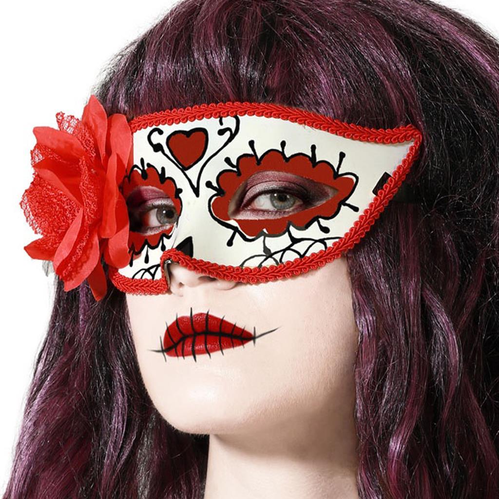 Mascarilha com Flor e bordados Vermelhos Dia dos Mortos