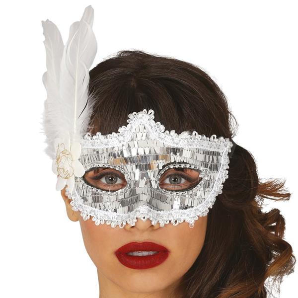 Mascarilha Prateada com Flor e Pluma