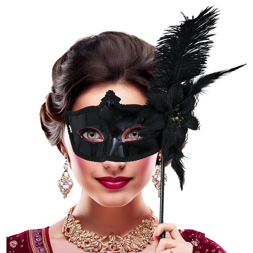 Mascarilha Preta com Flor, Plumas e Suporte