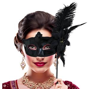 Mascarilha Preta com Flor, Plumas e Suporte