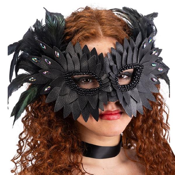 Mascarilha Preta com Plumas e Brilhantes Iridescentes