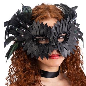Mascarilha Preta com Plumas e Brilhantes Iridescentes