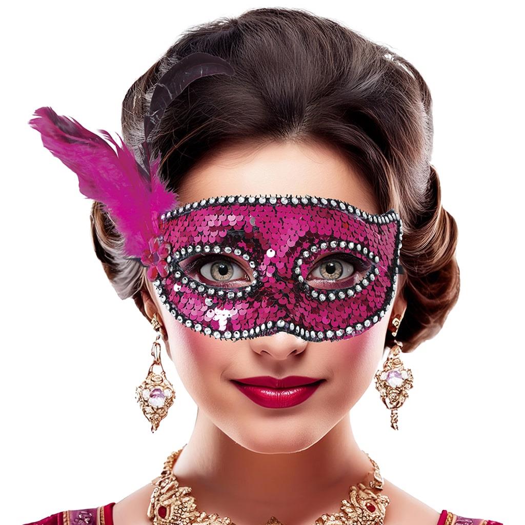 Mascarilha Rosa com Lantejoulas e Penas