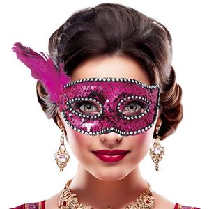 Mascarilha Rosa com Lantejoulas e Penas Mascarilha Rosa com Lantejoulas e Penas