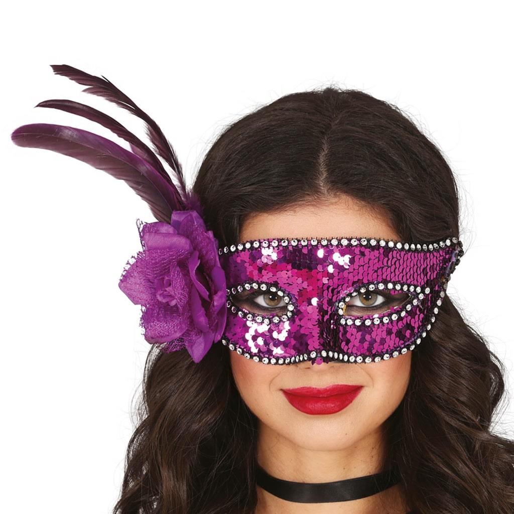 Mascarilha Roxa com Lantejoulas, Flor e Penas