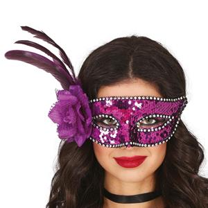 Mascarilha Roxa com Lantejoulas, Flor e Penas Mascarilha Roxa com Lantejoulas, Flor e Penas