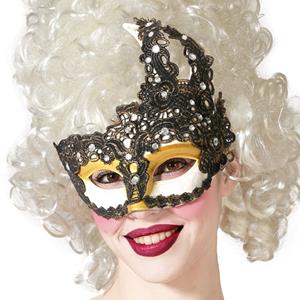 Mascarilha Veneziana Bordada Dourada e Branca