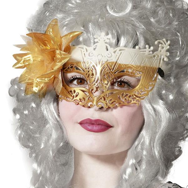 Mascarilha Veneziana Dourada e Branca com Flor