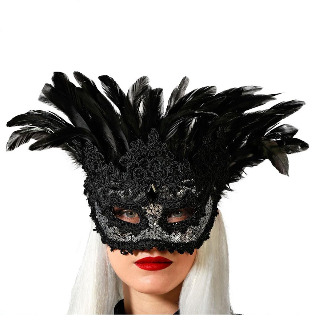 Mascarilha Veneziana Prateada com Bordados e Penas Pretas