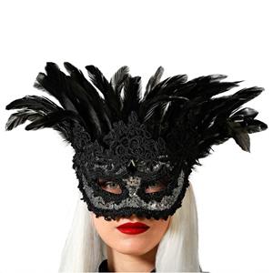 Mascarilha Veneziana Prateada com Bordados e Penas Pretas