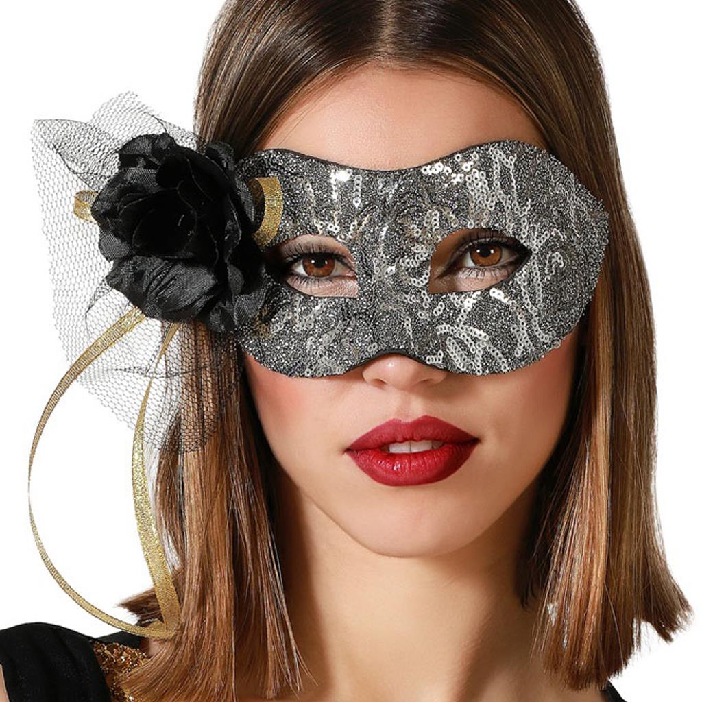 Mascarilha Veneziana Prateada com Lantejoulas e Flor