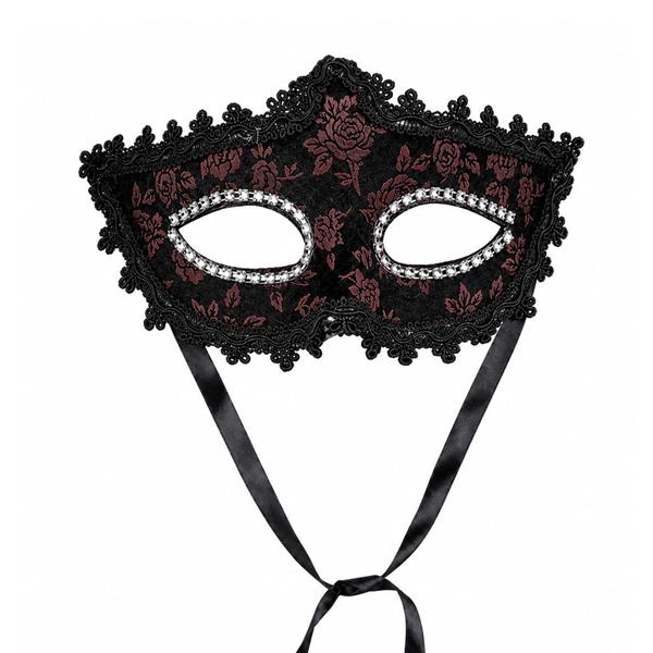 Mascarilha Veneziana Preta com Flores Vermelhas