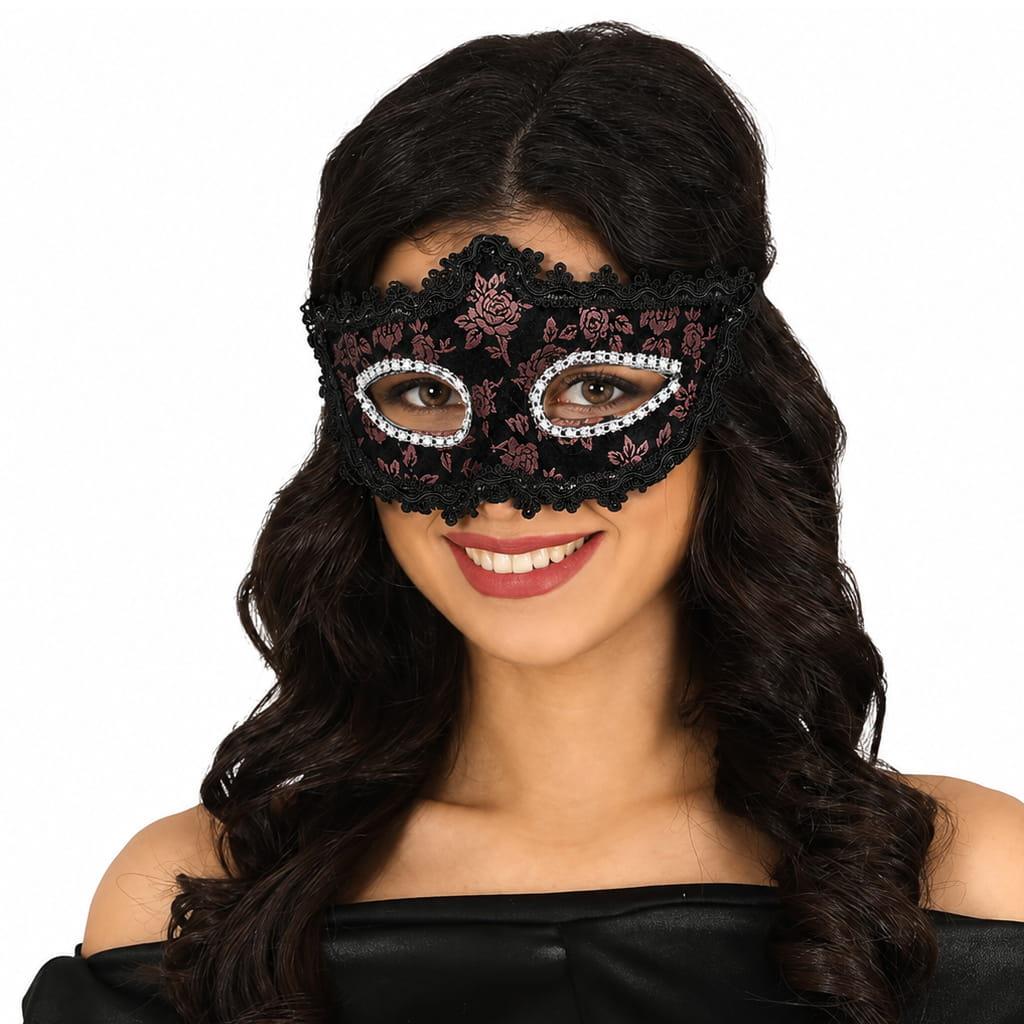 Mascarilha Veneziana Preta com Flores Vermelhas