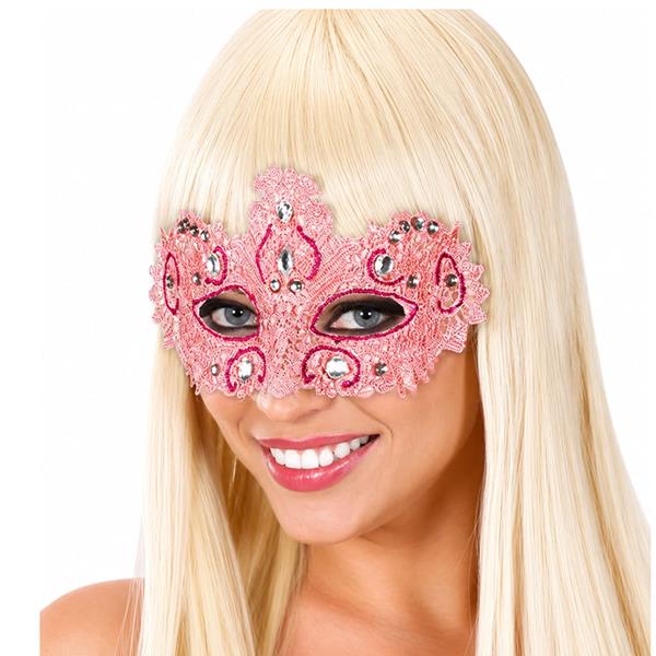 Mascarilha Veneziana Rosa Rendada com Pedras Preciosas Mascarilha Veneziana Rosa Rendada com Pedras Preciosas