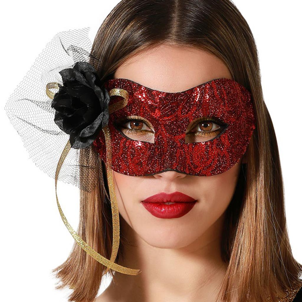 Mascarilha Veneziana Vermelha com Lantejoulas e Flor Mascarilha Veneziana Vermelha com Lantejoulas e Flor