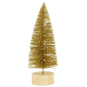 Mini Árvore de Natal Dourada com Base em Madeira, 15 cm