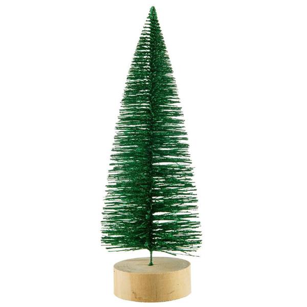 Mini Árvore de Natal Verde com Base em Madeira, 15 cm