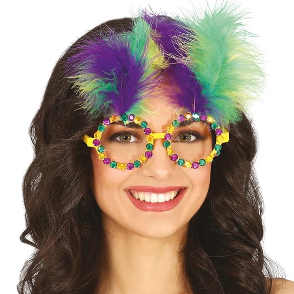 Óculos com Brilhantes e Plumas Multicolor