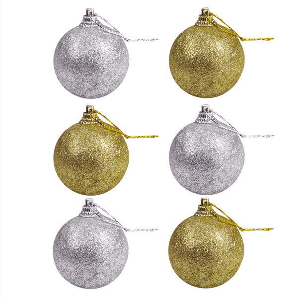 Pack 6 Bolas de Natal Prateadas e Douradas Brilhantes, 5 cm