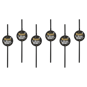 Palhinhas Plásticas Pretas Happy New Year, 6 unid.