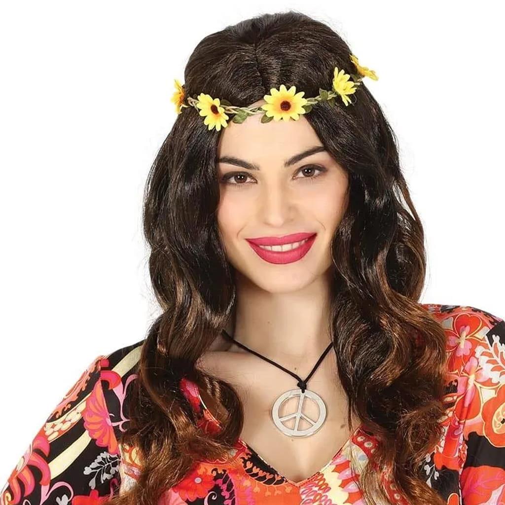 Peruca Castanha Hippie com Tiara de Flores Amarelas Peruca Castanha Hippie com Tiara de Flores Amarelas