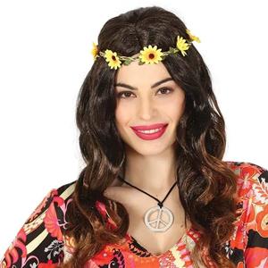 Peruca Castanha Hippie com Tiara de Flores Amarelas
