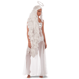 Peruca de Anjo Branca Comprida com Auréola