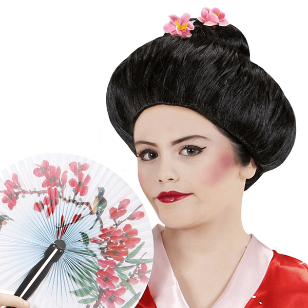 Peruca de Geisha Preta com Flores de Cerejeira
