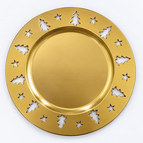 Prato Marcador com Árvores de Natal Dourado, 33 cm. Prato Marcador com Árvores de Natal Dourado, 33 cm.