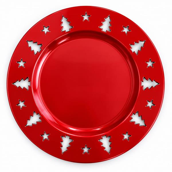 Prato Marcador com Árvores de Natal Vermelho, 33 cm. Prato Marcador com Árvores de Natal Vermelho, 33 cm.