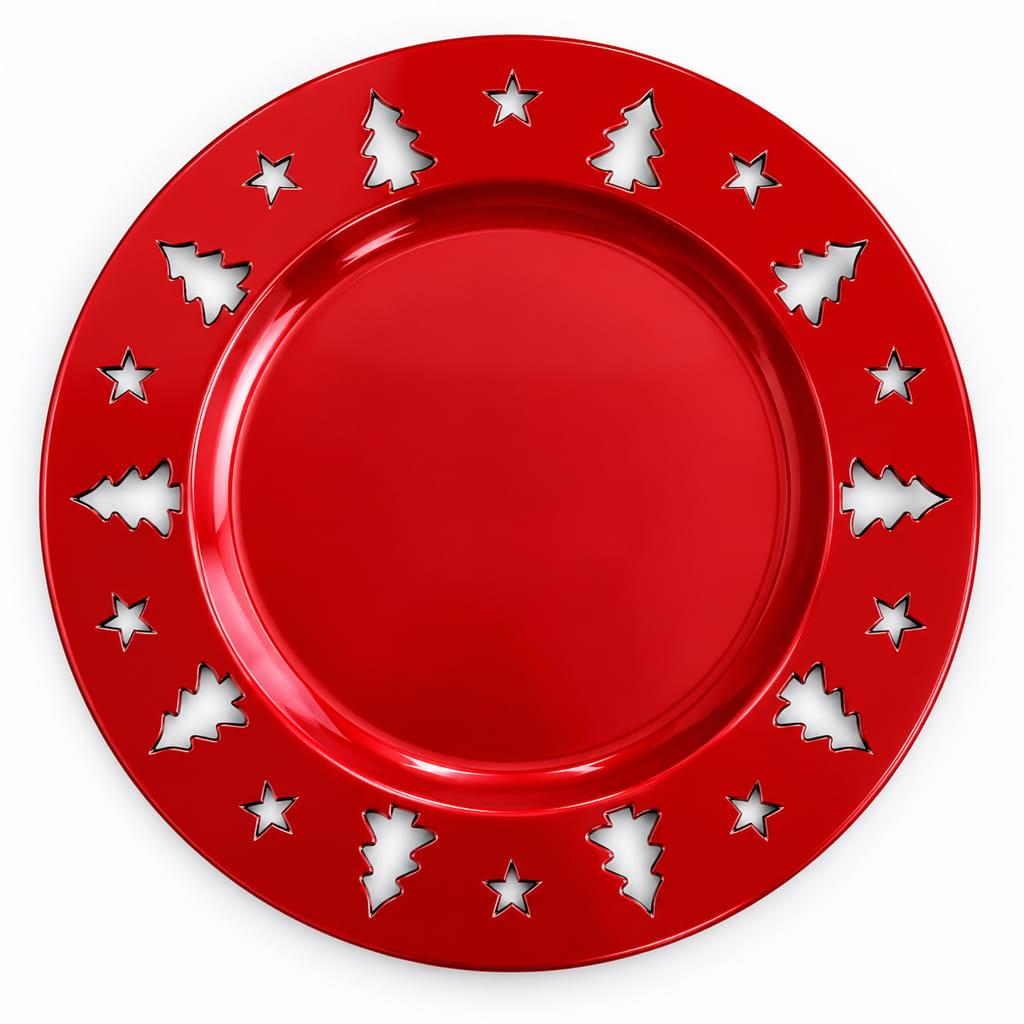 Prato Marcador com Árvores de Natal Vermelho, 33 cm. Prato Marcador com Árvores de Natal Vermelho, 33 cm.