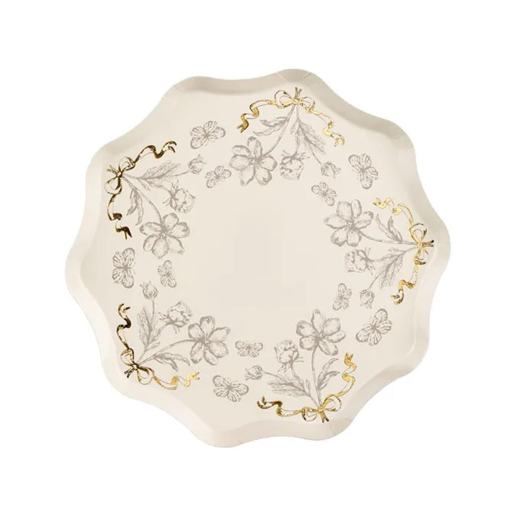 Pratos Bege com Flores Estampadas e Laços Dourados, 20 cm, 6 unid.