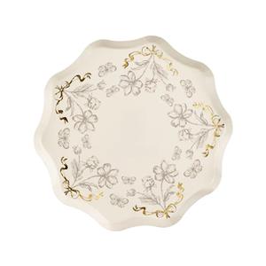Pratos Bege com Flores Estampadas e Laços Dourados, 20 cm, 6 unid.