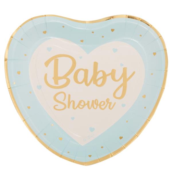 Pratos Coração Azul Baby Shower, 20 cm, 8 unid.