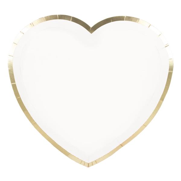 Pratos Coração Branco com Rebordo Dourado, 8 unid.