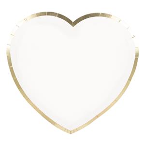Pratos Coração Branco com Rebordo Dourado, 8 unid.