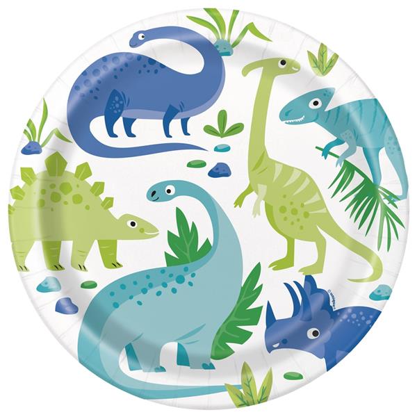 Pratos Dinossauros Azuis e Verdes, 22 cm, 8 unid.