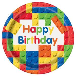 Pratos Happy Birthday Blocos de Construção, 23 cm, 8 unid.