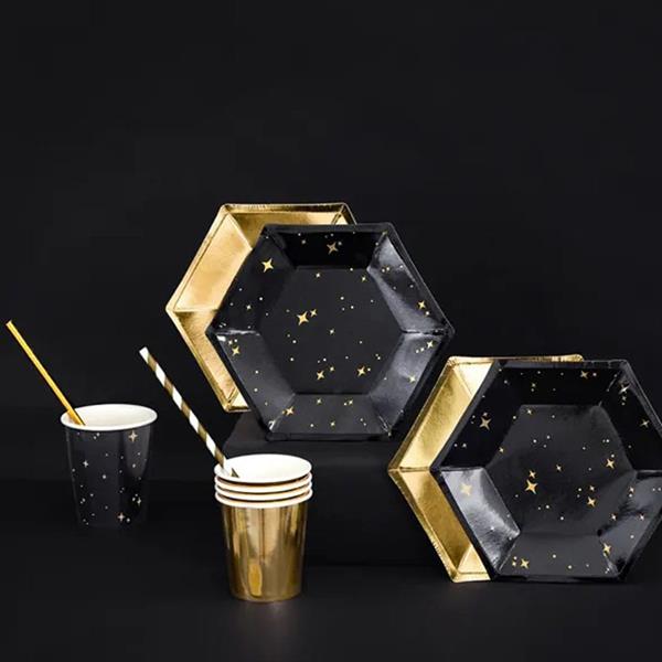 Pratos Hexagonais Pretos com Estrelas Douradas, 20 cm, 6 unid.