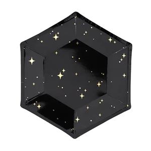 Pratos Hexagonais Pretos com Estrelas Douradas, 20 cm, 6 unid.