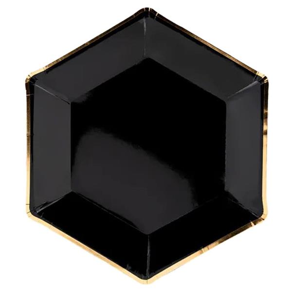 Pratos Hexagonais Pretos com Rebordo Dourado, 23 cm, 6 unid.
