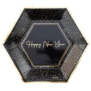Pratos Hexagonais Pretos Happy New Year com Rebordo Dourado, 27 cm, 8 unid.
