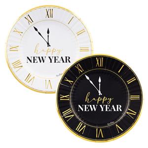Pratos Relógio Happy New Year com Rebordo Dourado, 23 cm, 8 unid.