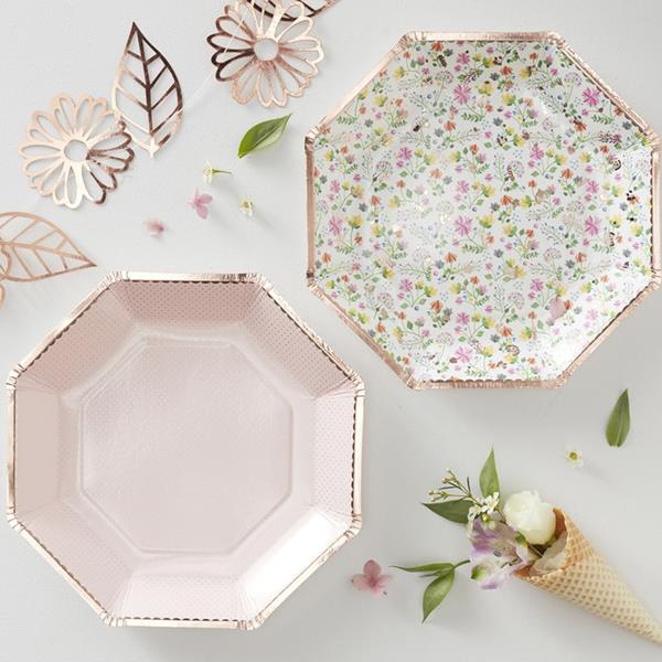 Pratos Rosa e Florais com Rebordo Rosa Gold, 23 cm, 8 unid.
