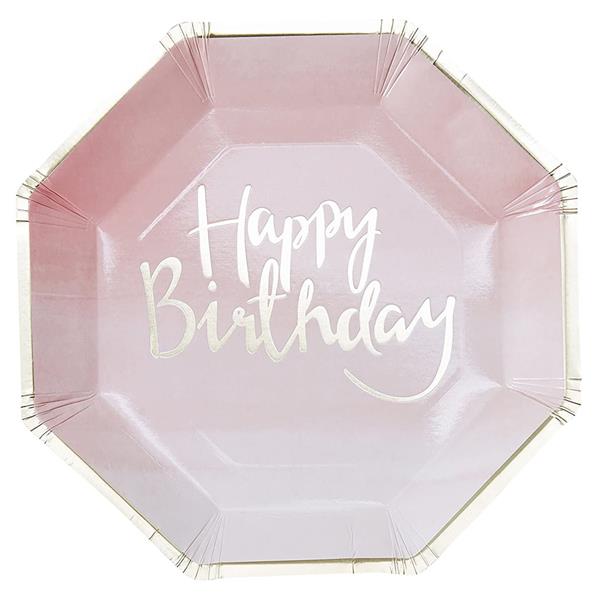 Pratos Rosa Happy Birthday, 23 cm, 8 unid.