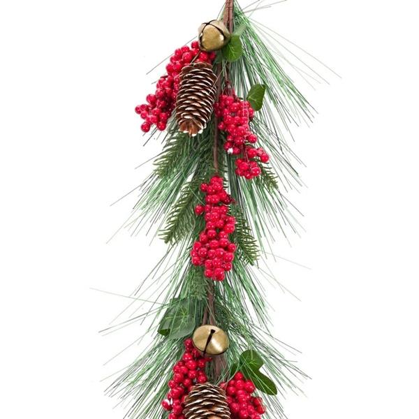 Ramo Decorativo de Natal com Pinhas e Azevinhos, 1,40 mt