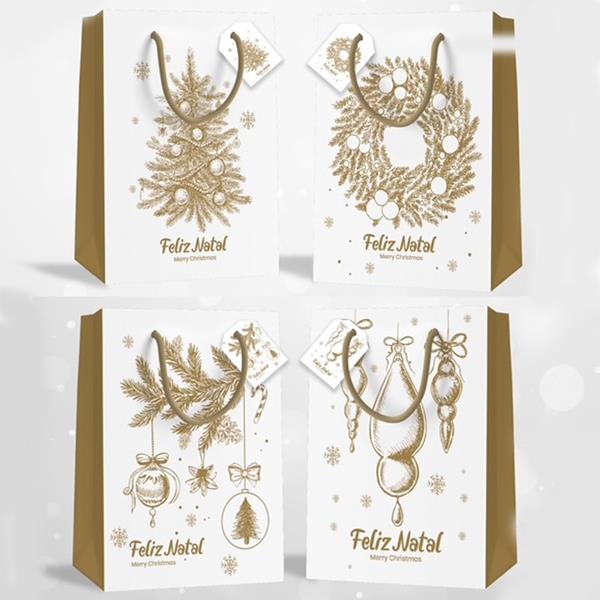 Saco de Papel Feliz Natal Dourado Grande