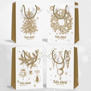 Saco de Papel Feliz Natal Dourado Grande